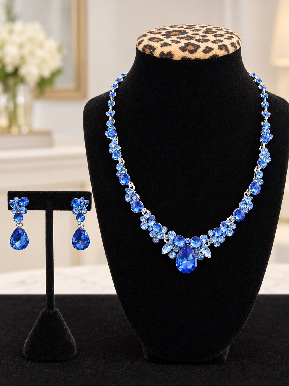 Blue Crystal Statement Necklace & Earrings Set Silver Tone